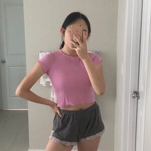 Brandy Melville pink ruffle trim top